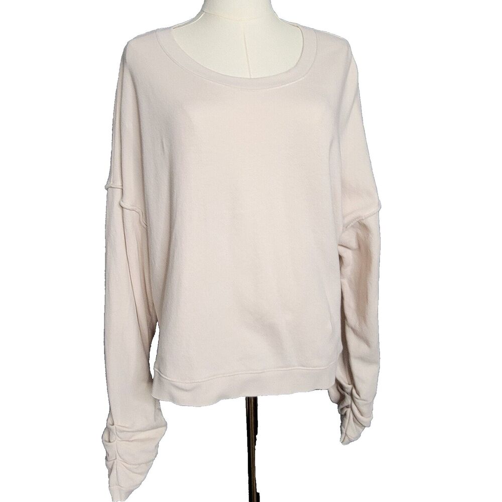 NATION LTD Sweatshirt Large Oversized Ruched Sleeve Cuff Ivory Blush Open Neck